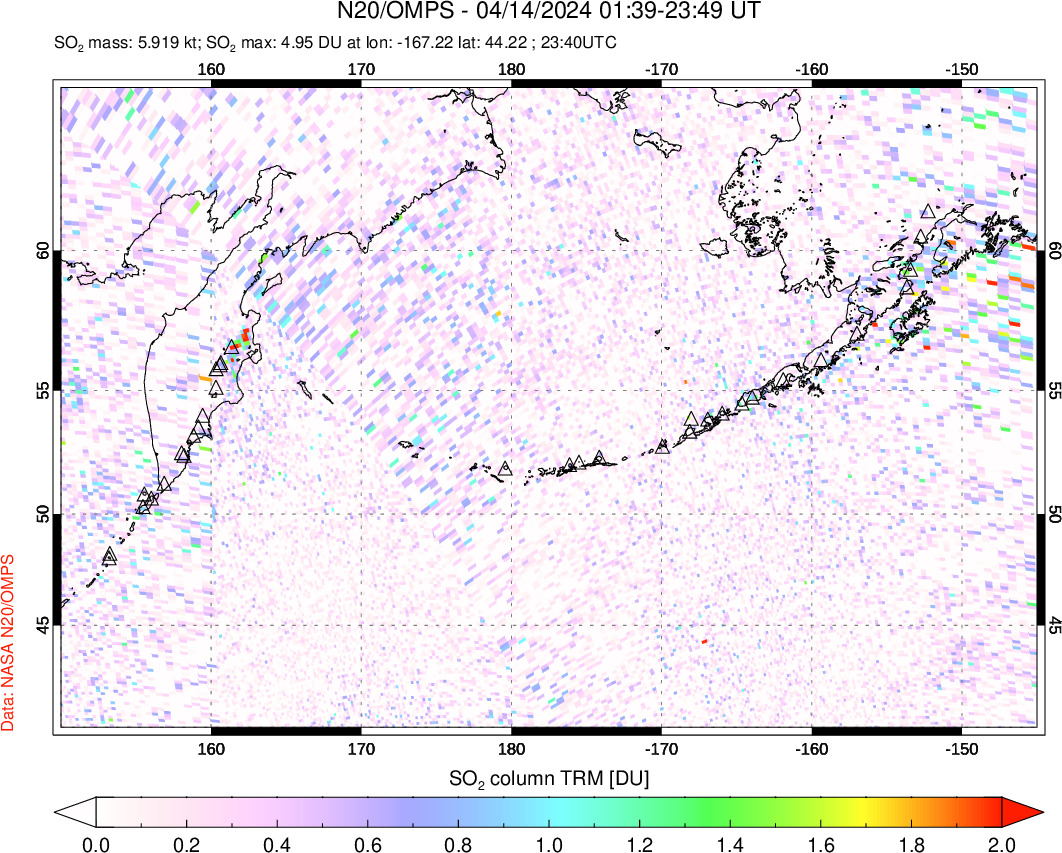 A sulfur dioxide image over North Pacific on Apr 14, 2024.