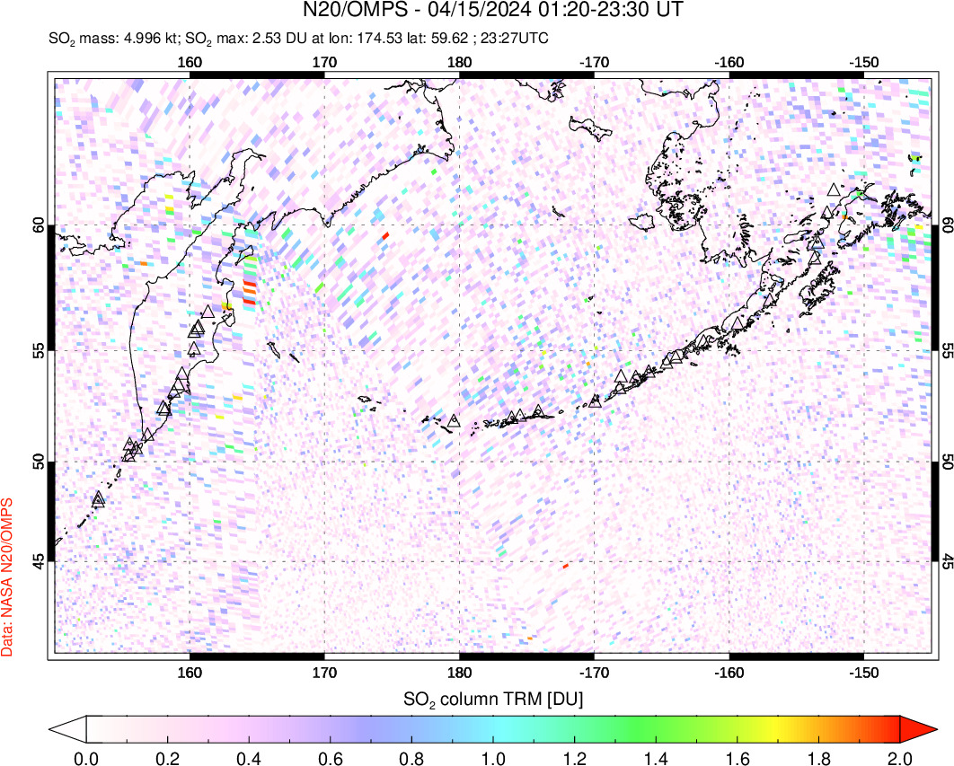 A sulfur dioxide image over North Pacific on Apr 15, 2024.