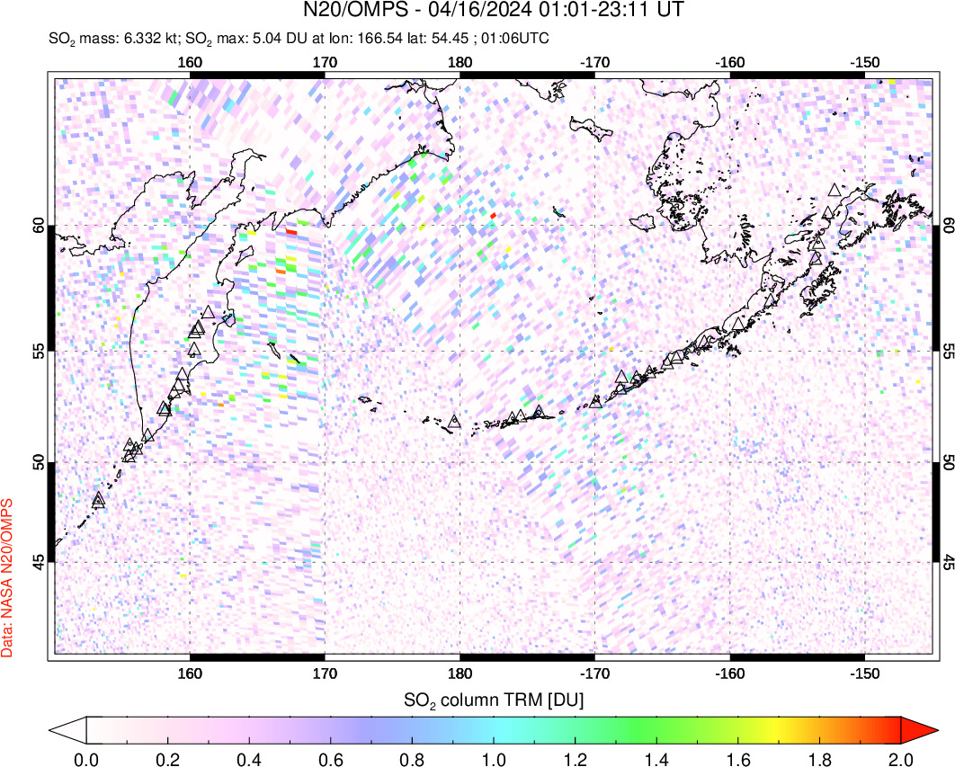 A sulfur dioxide image over North Pacific on Apr 16, 2024.