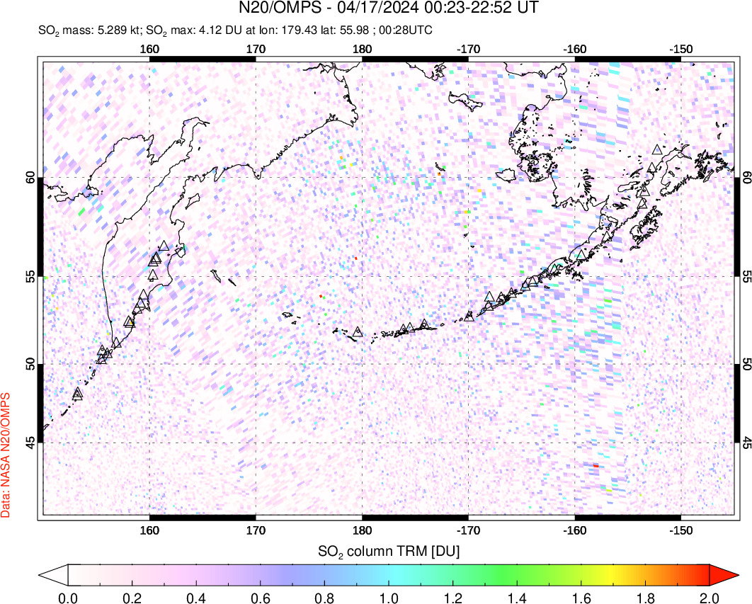 A sulfur dioxide image over North Pacific on Apr 17, 2024.