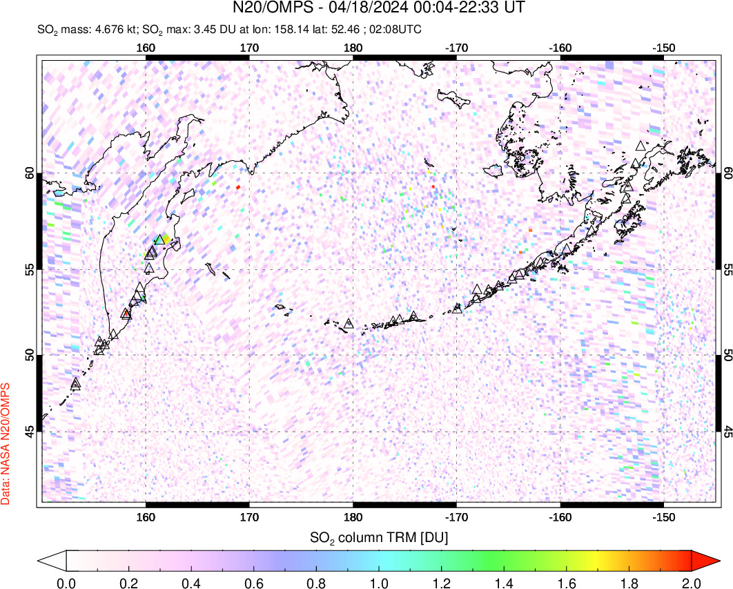 A sulfur dioxide image over North Pacific on Apr 18, 2024.