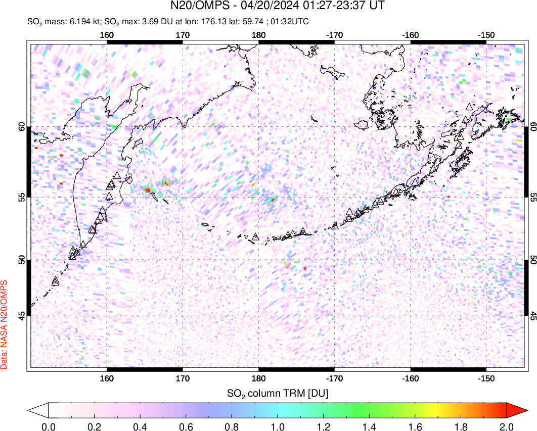 A sulfur dioxide image over North Pacific on Apr 20, 2024.