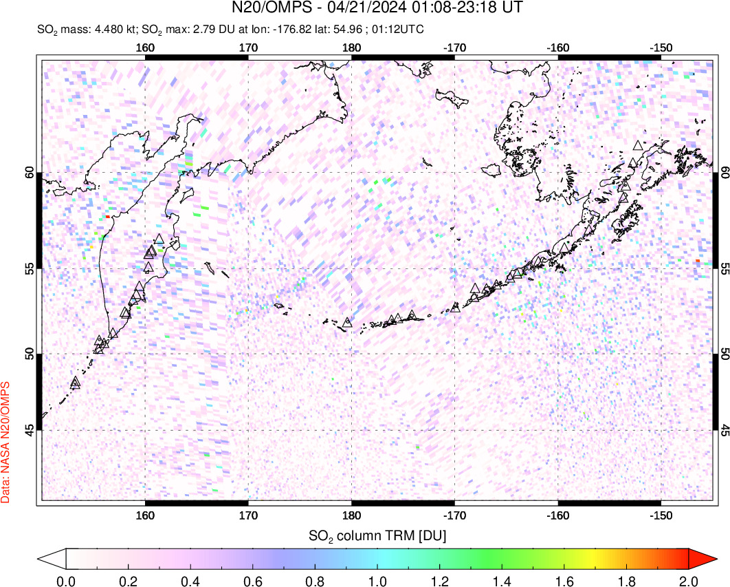 A sulfur dioxide image over North Pacific on Apr 21, 2024.