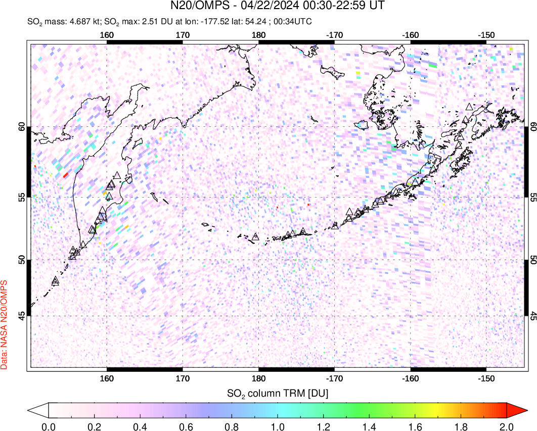 A sulfur dioxide image over North Pacific on Apr 22, 2024.