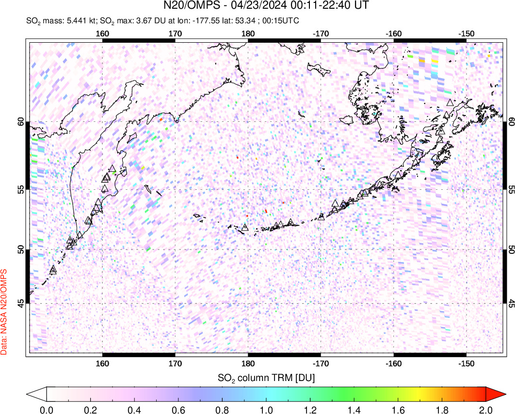 A sulfur dioxide image over North Pacific on Apr 23, 2024.