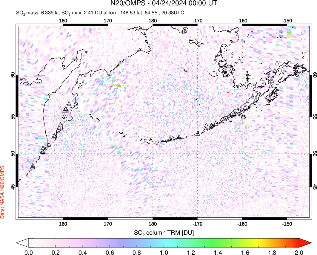 A sulfur dioxide image over North Pacific on Apr 24, 2024.