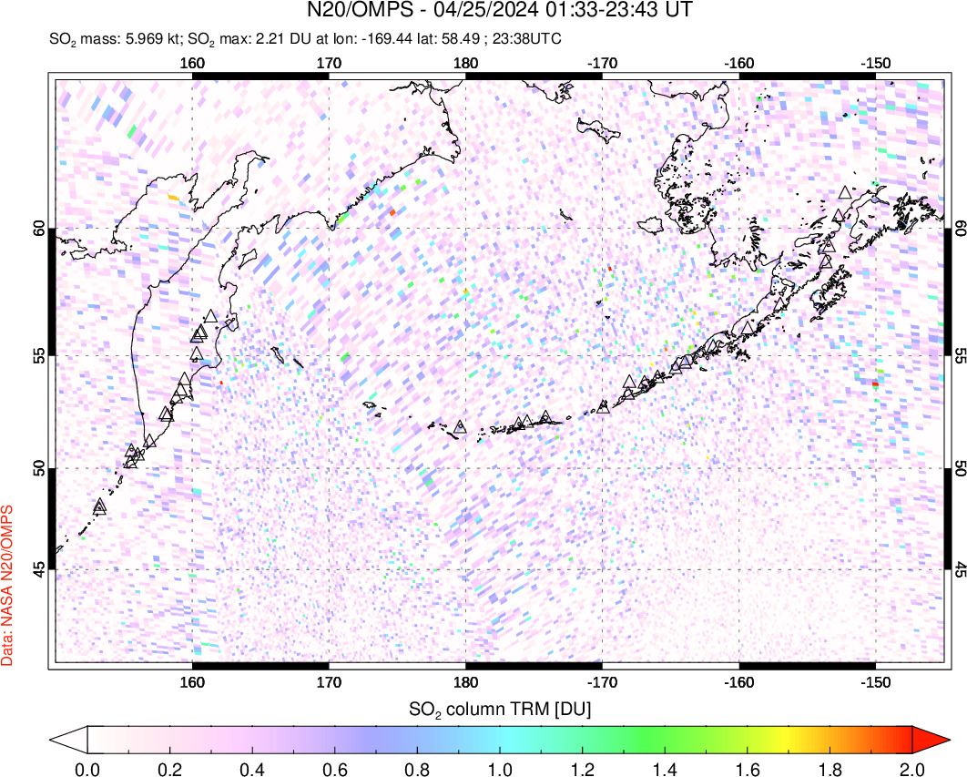 A sulfur dioxide image over North Pacific on Apr 25, 2024.