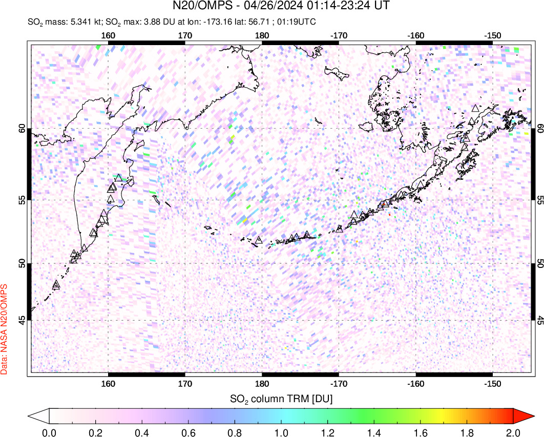 A sulfur dioxide image over North Pacific on Apr 26, 2024.