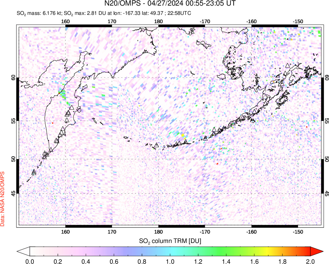 A sulfur dioxide image over North Pacific on Apr 27, 2024.