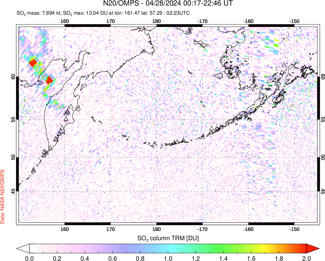 A sulfur dioxide image over North Pacific on Apr 28, 2024.