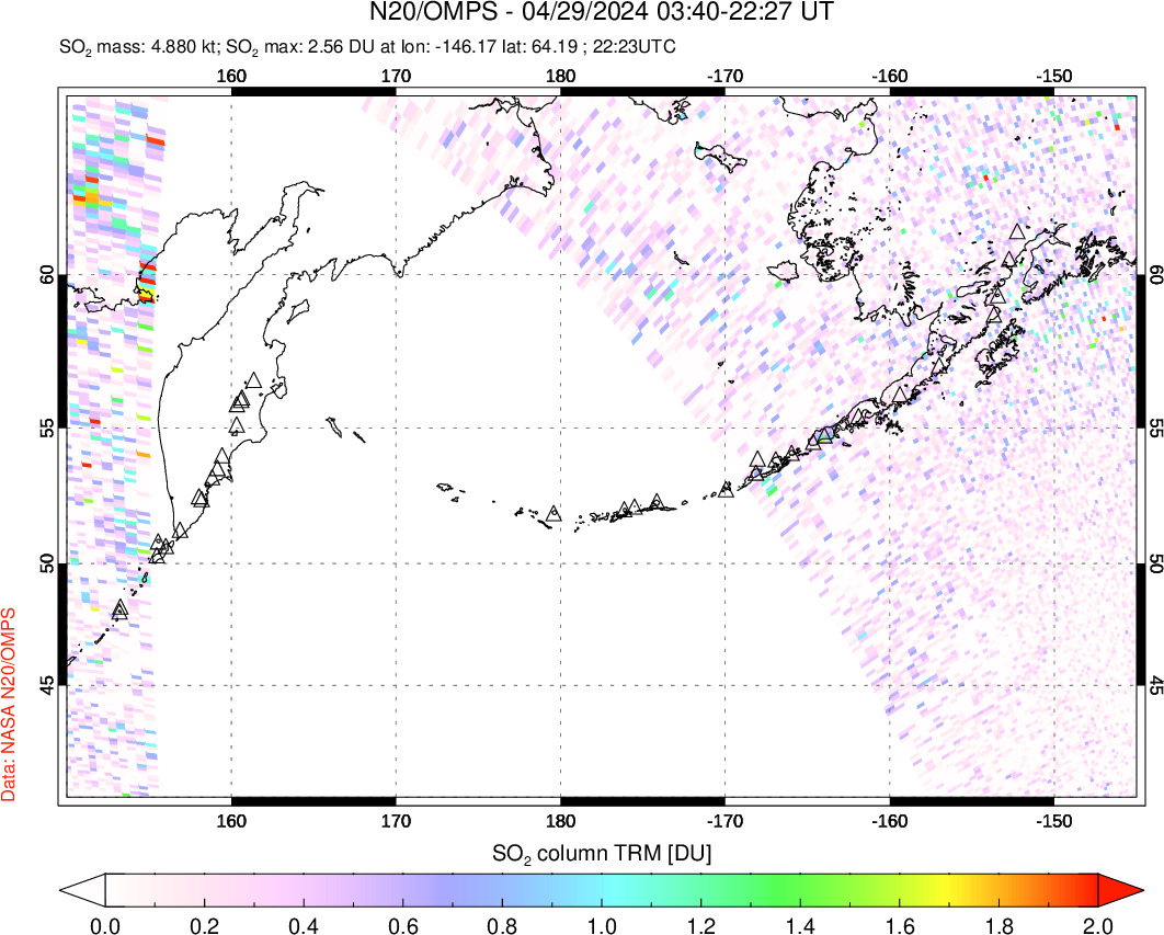 A sulfur dioxide image over North Pacific on Apr 29, 2024.