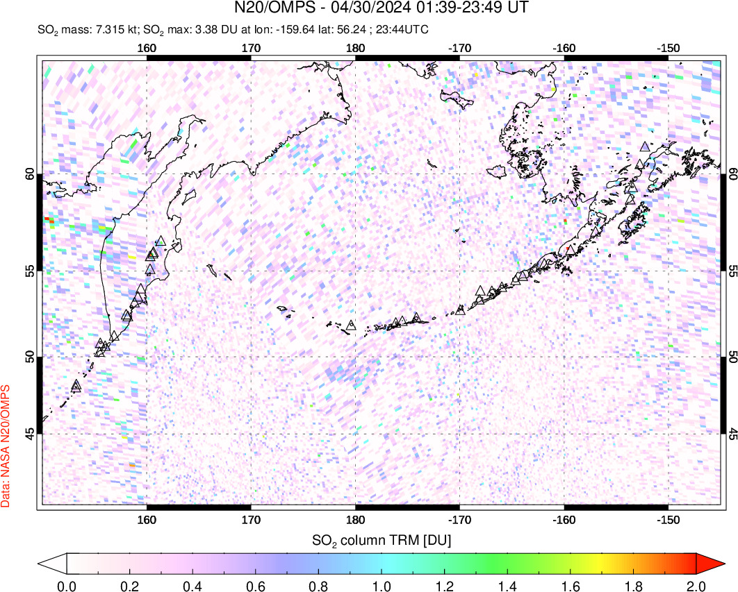 A sulfur dioxide image over North Pacific on Apr 30, 2024.