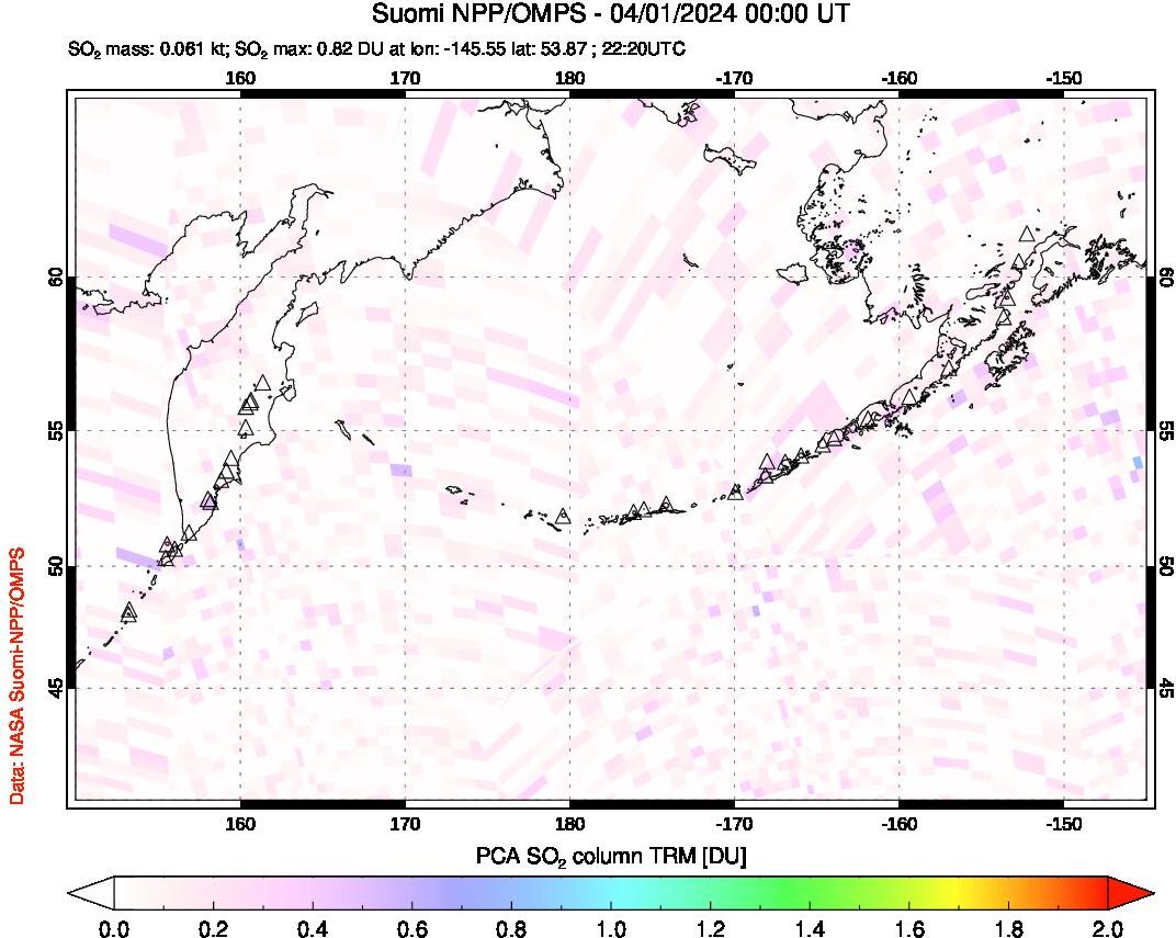 A sulfur dioxide image over North Pacific on Apr 01, 2024.