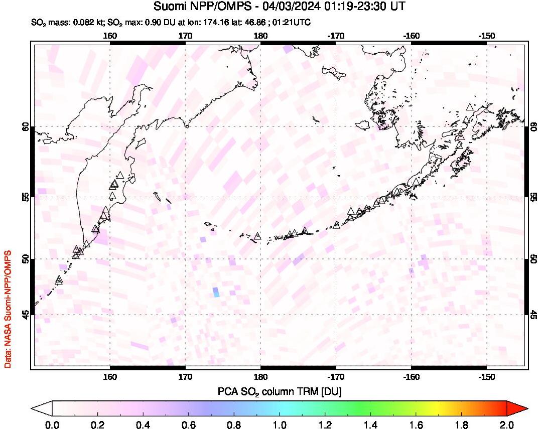 A sulfur dioxide image over North Pacific on Apr 03, 2024.