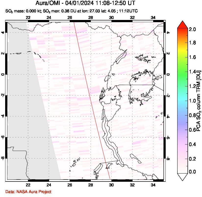 A sulfur dioxide image over Nyiragongo, DR Congo on Apr 01, 2024.