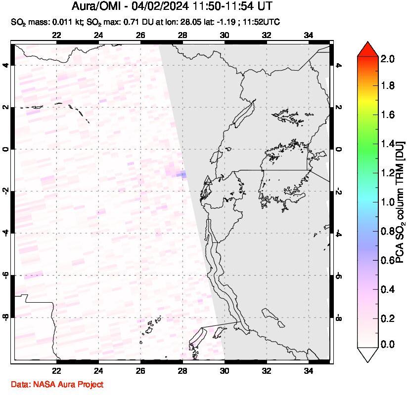 A sulfur dioxide image over Nyiragongo, DR Congo on Apr 02, 2024.