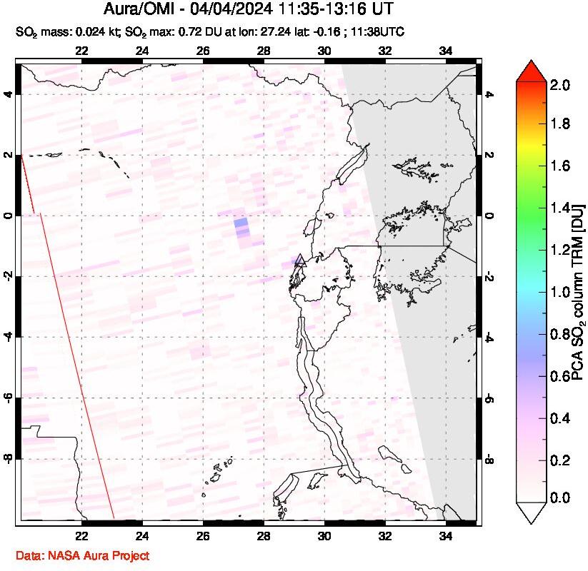 A sulfur dioxide image over Nyiragongo, DR Congo on Apr 04, 2024.