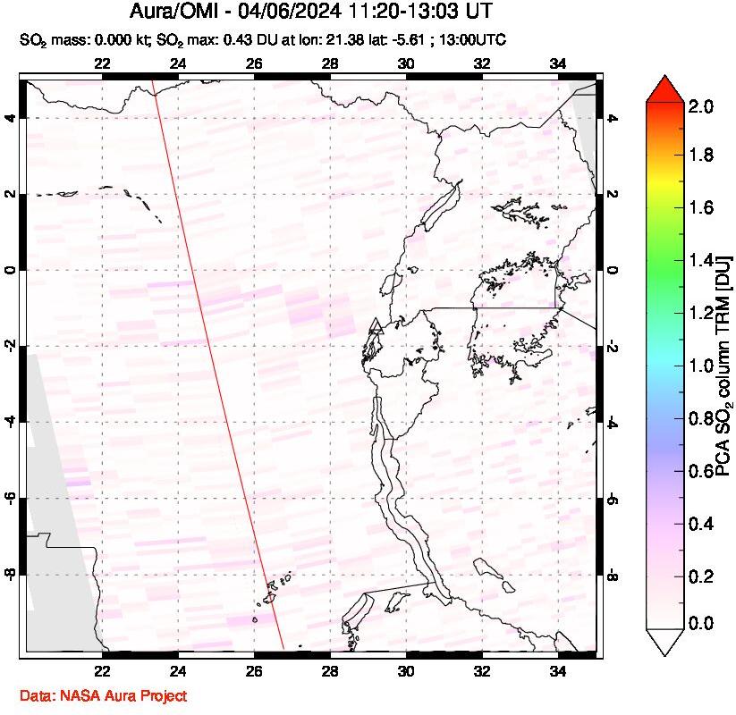 A sulfur dioxide image over Nyiragongo, DR Congo on Apr 06, 2024.