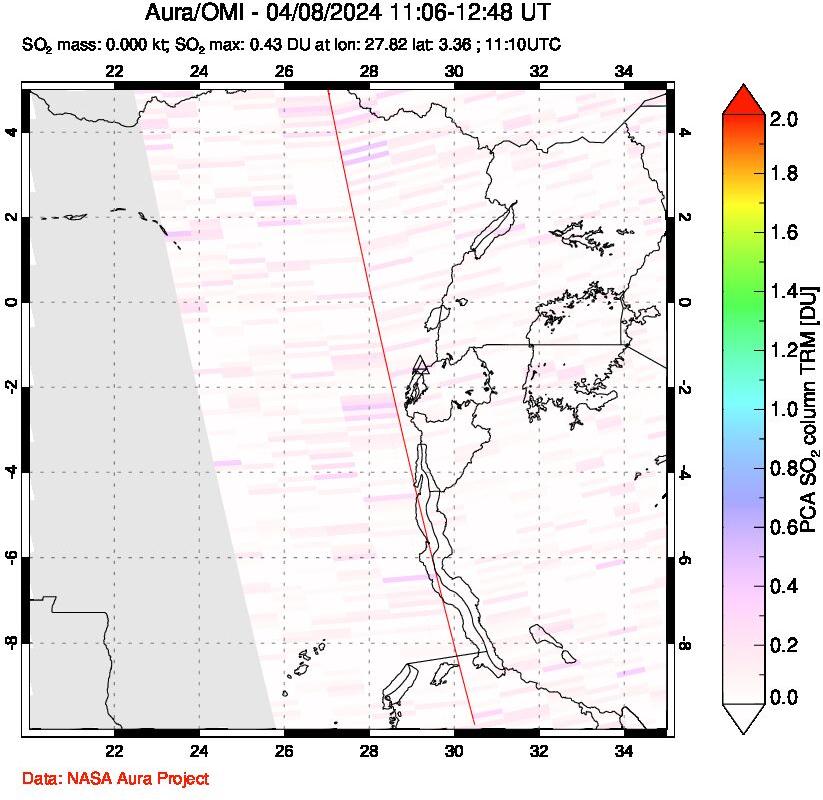 A sulfur dioxide image over Nyiragongo, DR Congo on Apr 08, 2024.