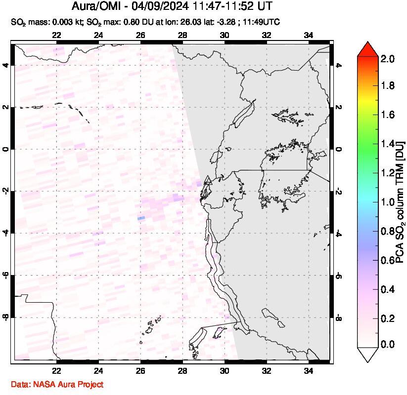 A sulfur dioxide image over Nyiragongo, DR Congo on Apr 09, 2024.