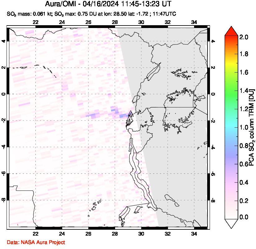 A sulfur dioxide image over Nyiragongo, DR Congo on Apr 16, 2024.