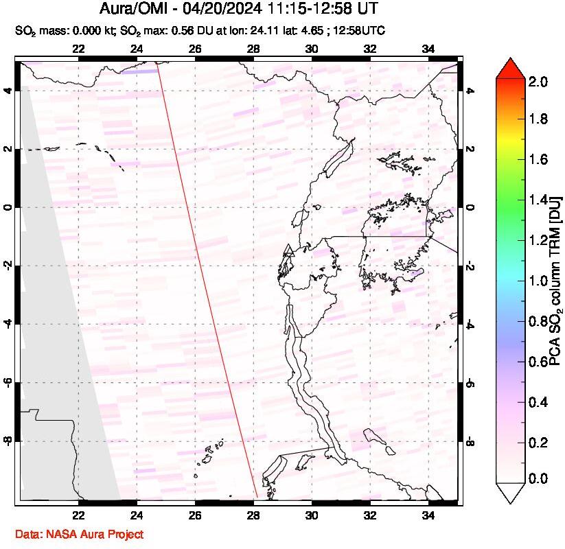 A sulfur dioxide image over Nyiragongo, DR Congo on Apr 20, 2024.