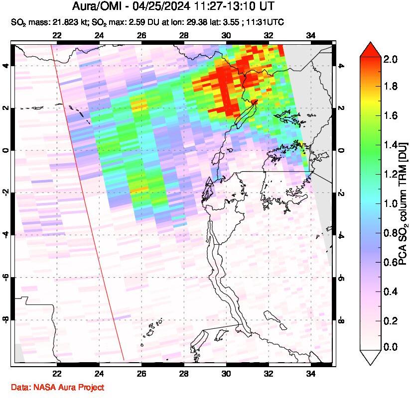 A sulfur dioxide image over Nyiragongo, DR Congo on Apr 25, 2024.