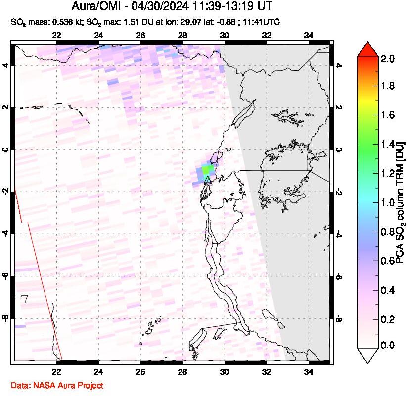 A sulfur dioxide image over Nyiragongo, DR Congo on Apr 30, 2024.