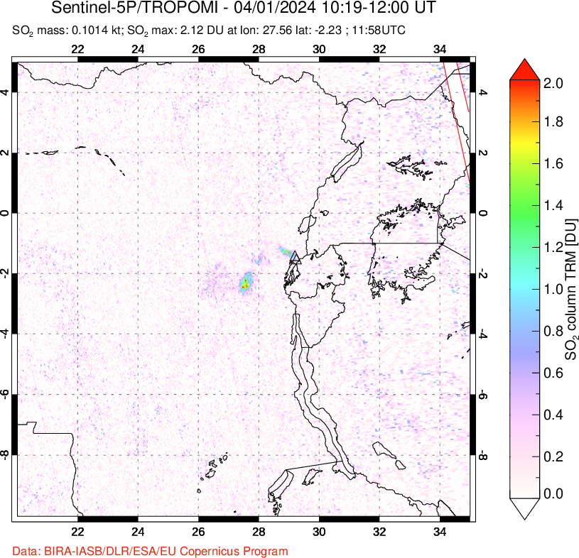 A sulfur dioxide image over Nyiragongo, DR Congo on Apr 01, 2024.