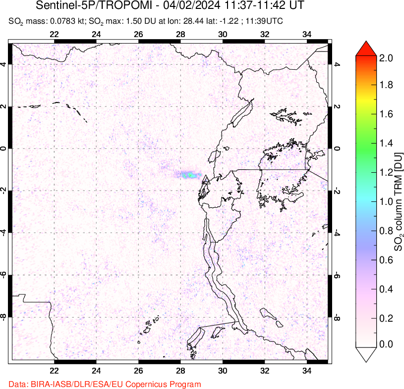 A sulfur dioxide image over Nyiragongo, DR Congo on Apr 02, 2024.