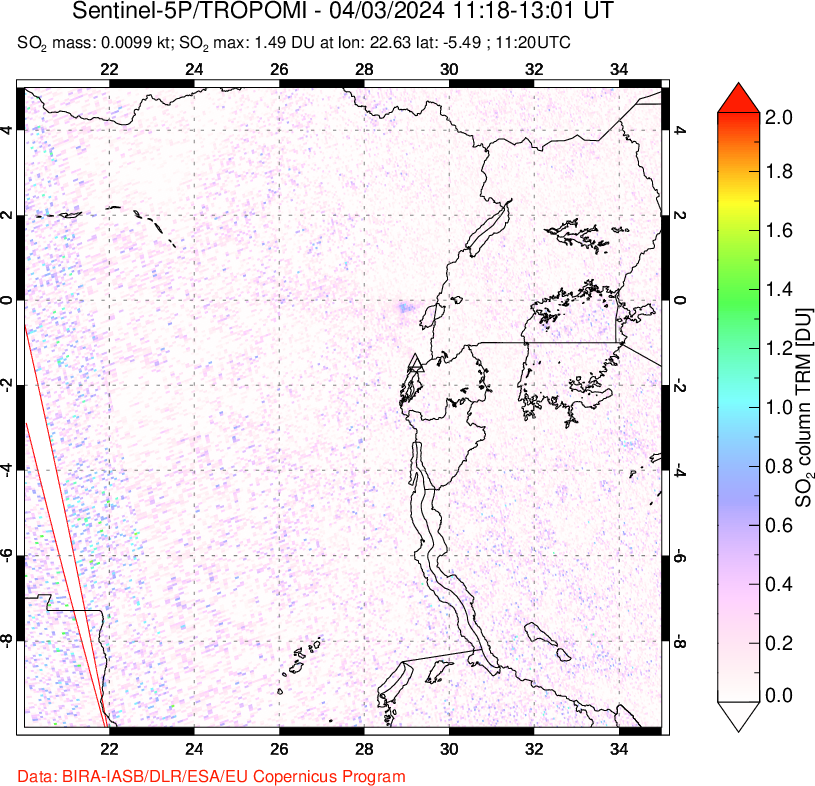 A sulfur dioxide image over Nyiragongo, DR Congo on Apr 03, 2024.