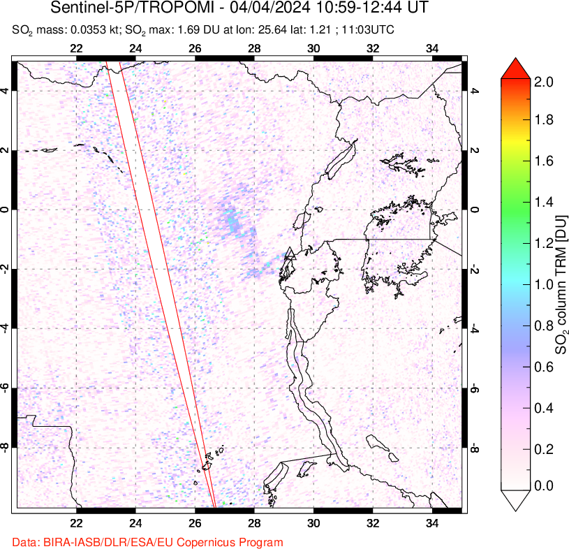 A sulfur dioxide image over Nyiragongo, DR Congo on Apr 04, 2024.