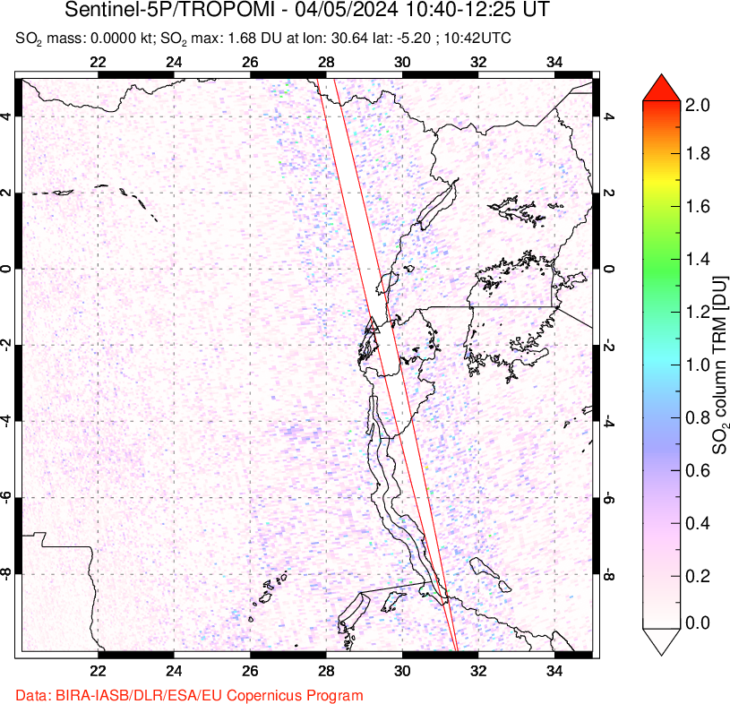 A sulfur dioxide image over Nyiragongo, DR Congo on Apr 05, 2024.