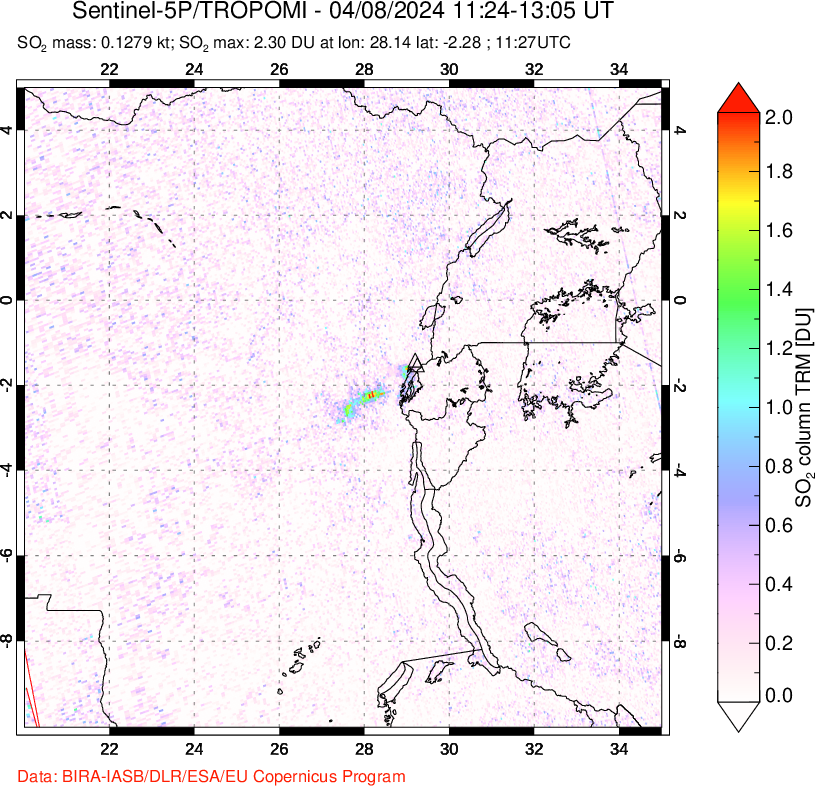 A sulfur dioxide image over Nyiragongo, DR Congo on Apr 08, 2024.