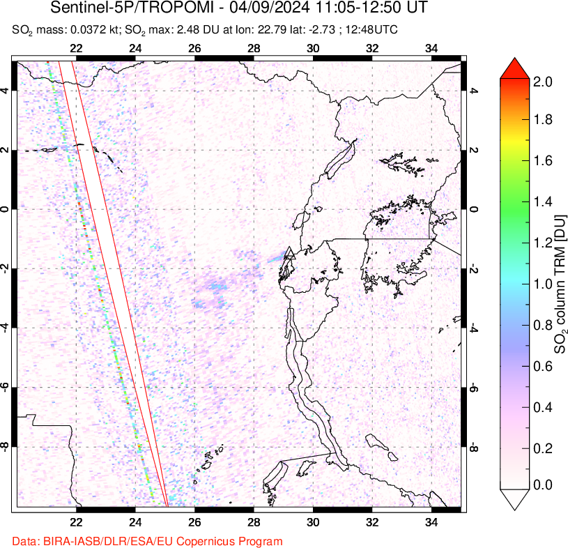 A sulfur dioxide image over Nyiragongo, DR Congo on Apr 09, 2024.