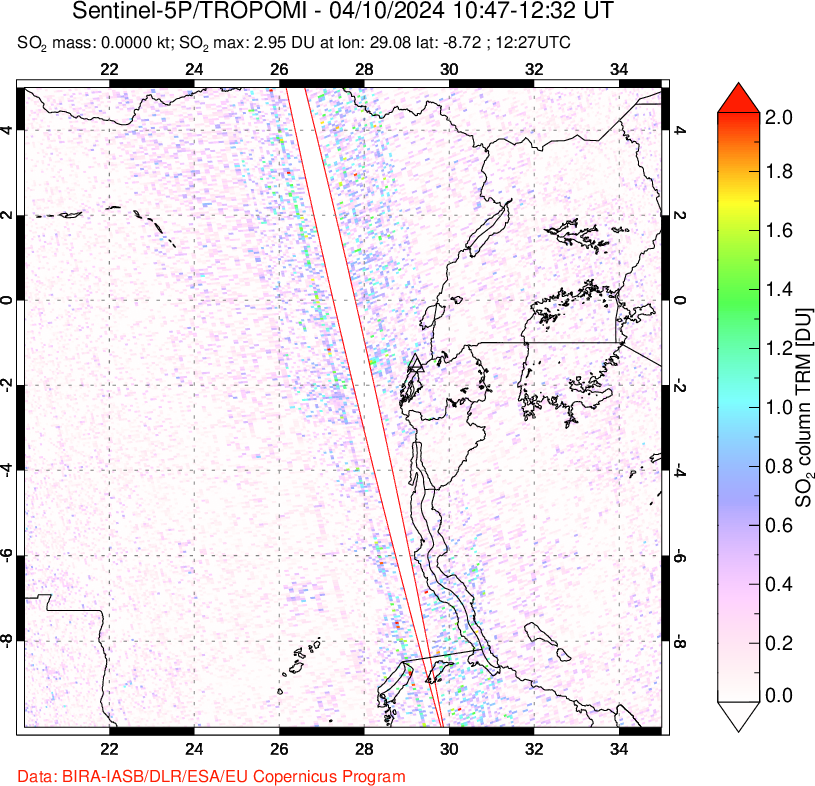 A sulfur dioxide image over Nyiragongo, DR Congo on Apr 10, 2024.