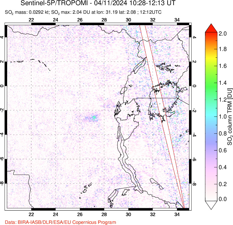 A sulfur dioxide image over Nyiragongo, DR Congo on Apr 11, 2024.