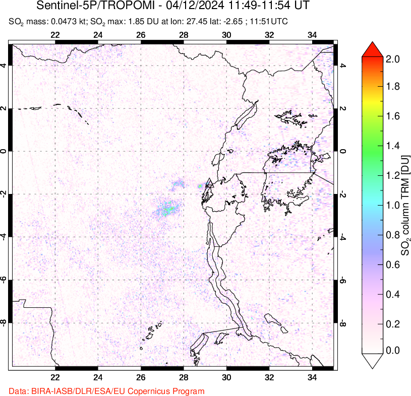 A sulfur dioxide image over Nyiragongo, DR Congo on Apr 12, 2024.