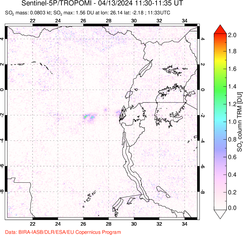 A sulfur dioxide image over Nyiragongo, DR Congo on Apr 13, 2024.