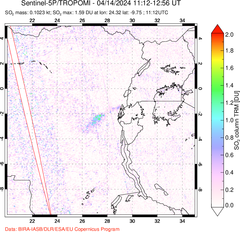 A sulfur dioxide image over Nyiragongo, DR Congo on Apr 14, 2024.