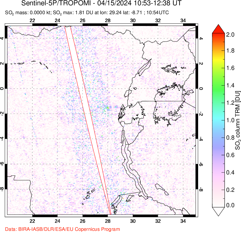 A sulfur dioxide image over Nyiragongo, DR Congo on Apr 15, 2024.