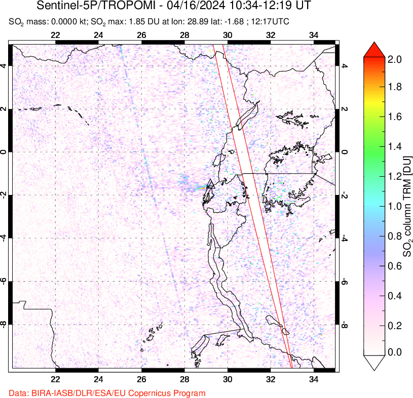 A sulfur dioxide image over Nyiragongo, DR Congo on Apr 16, 2024.