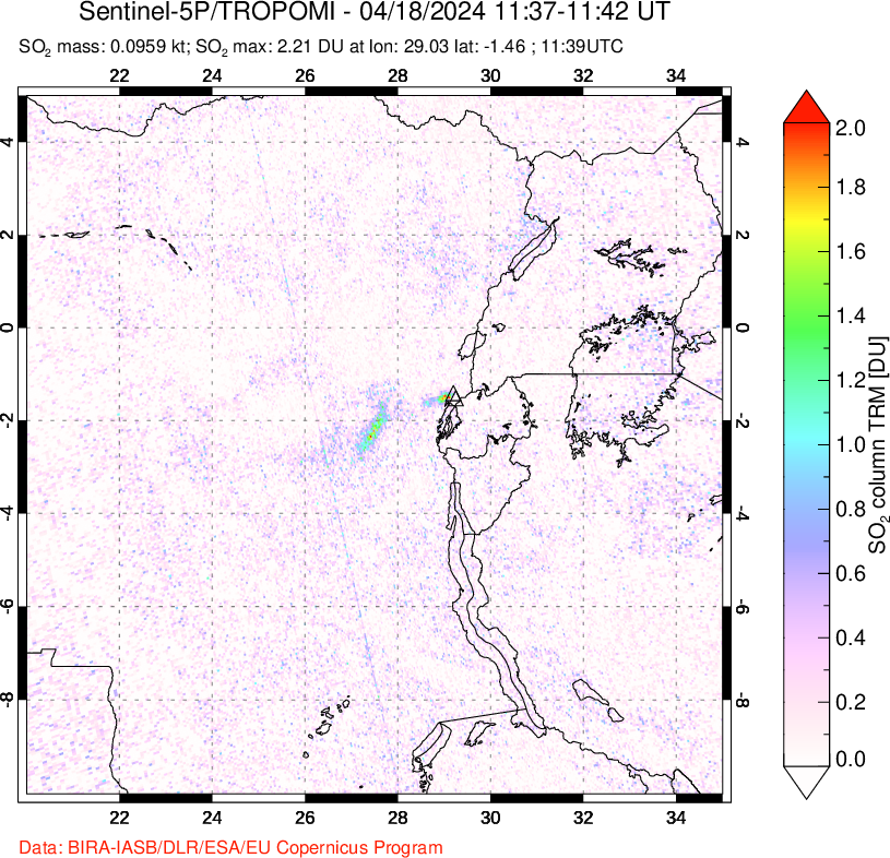 A sulfur dioxide image over Nyiragongo, DR Congo on Apr 18, 2024.