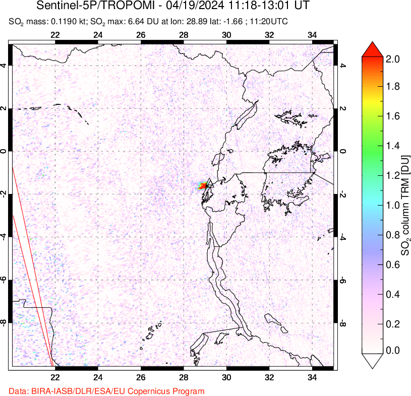 A sulfur dioxide image over Nyiragongo, DR Congo on Apr 19, 2024.