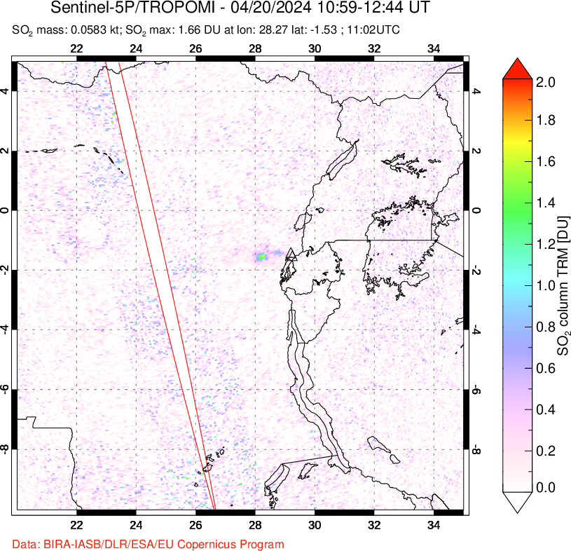 A sulfur dioxide image over Nyiragongo, DR Congo on Apr 20, 2024.