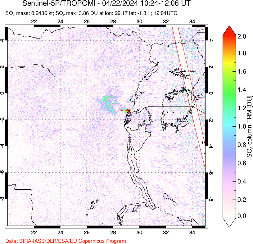 A sulfur dioxide image over Nyiragongo, DR Congo on Apr 22, 2024.