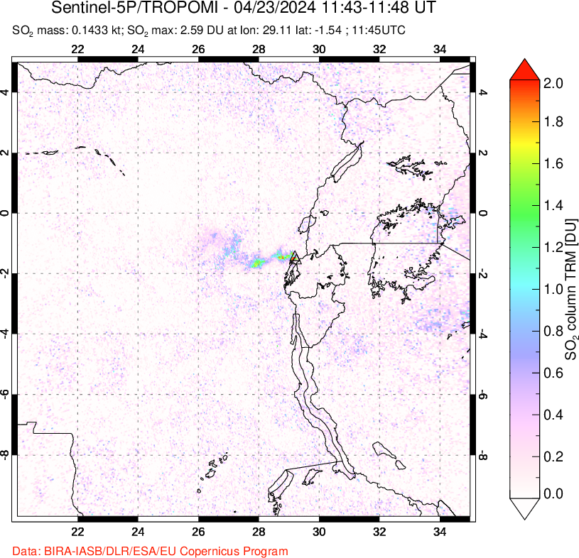 A sulfur dioxide image over Nyiragongo, DR Congo on Apr 23, 2024.