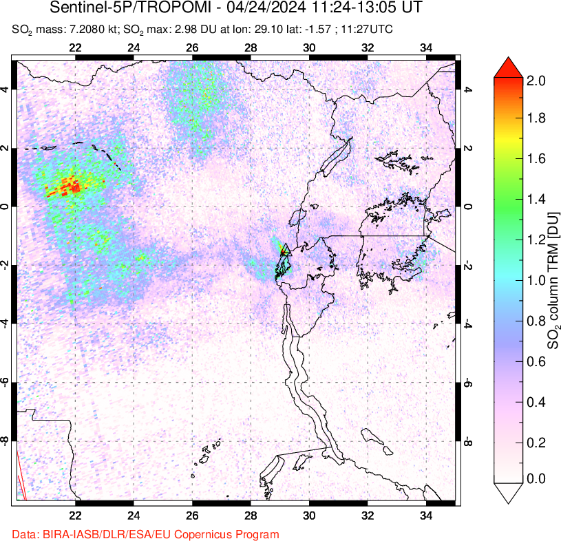 A sulfur dioxide image over Nyiragongo, DR Congo on Apr 24, 2024.