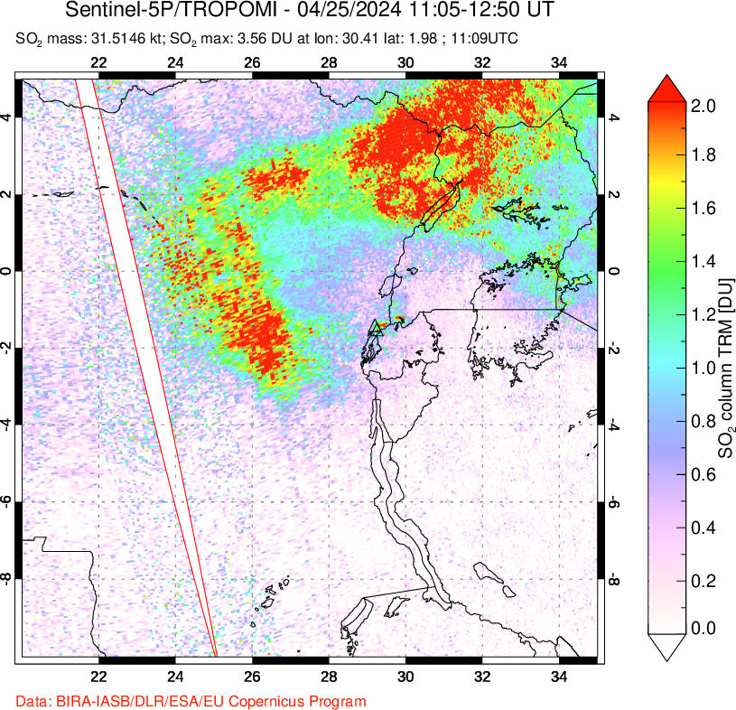 A sulfur dioxide image over Nyiragongo, DR Congo on Apr 25, 2024.