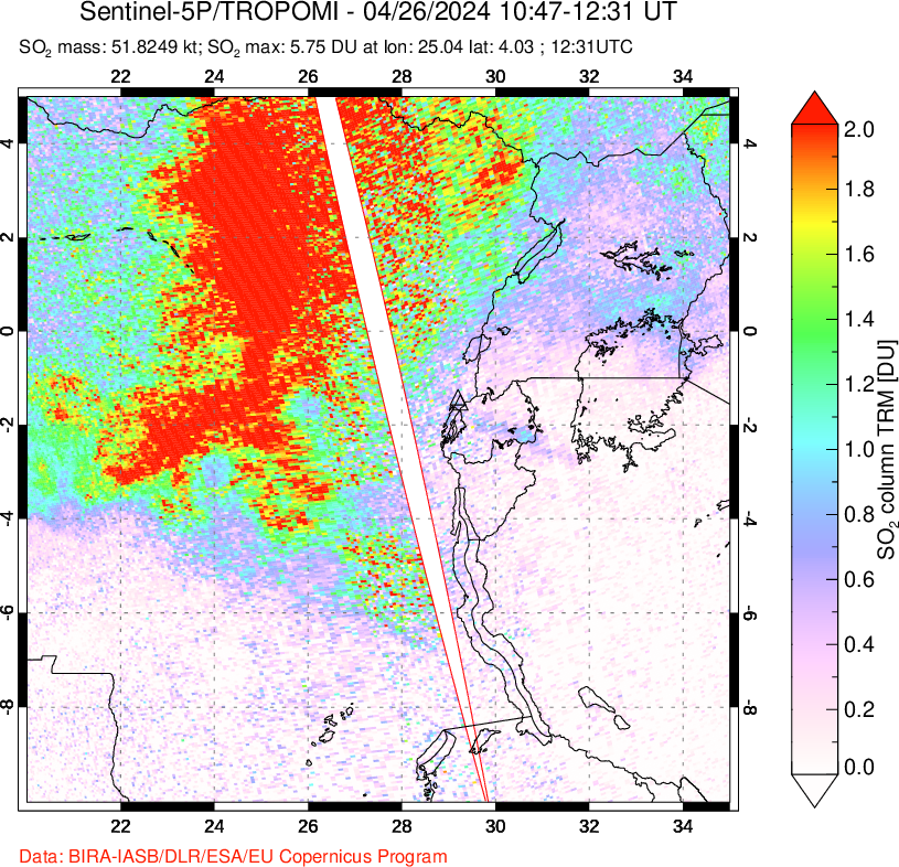 A sulfur dioxide image over Nyiragongo, DR Congo on Apr 26, 2024.